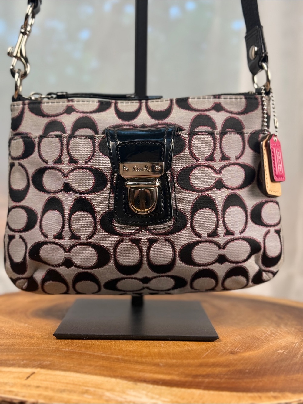 Coach Y2K Signature Monogram Crossbody Bag Black Gray Pink Canvas + Leather EUC